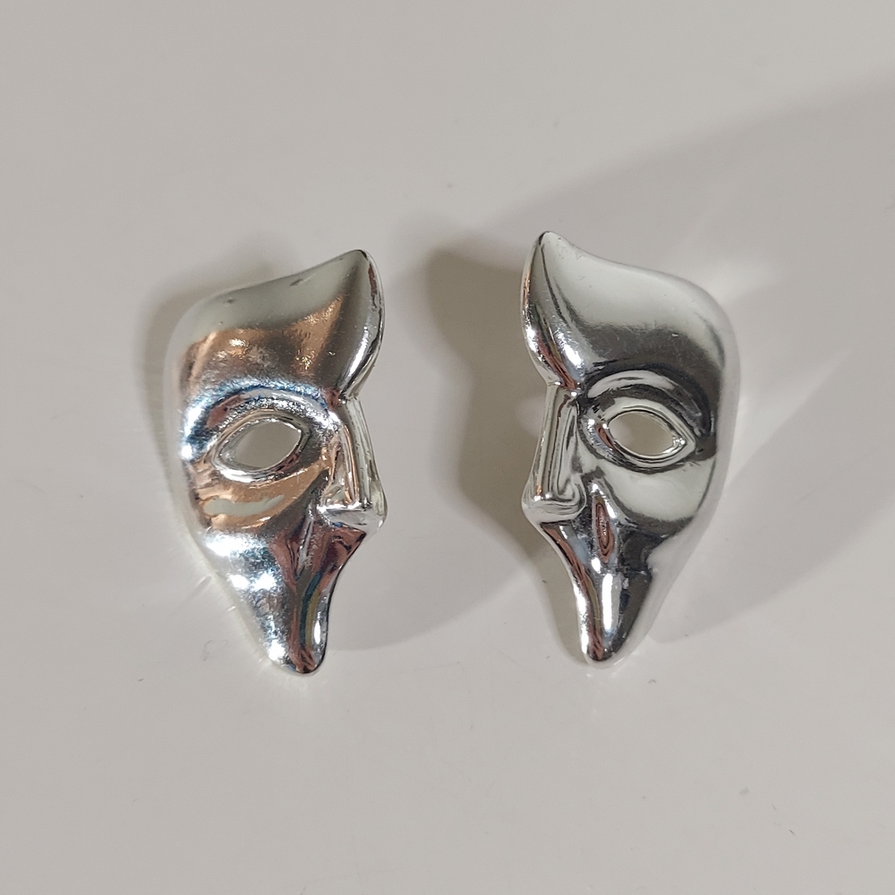 Phantom of the Opera Silver Toned Half Mask Masquerade Stud Metal Earrings
